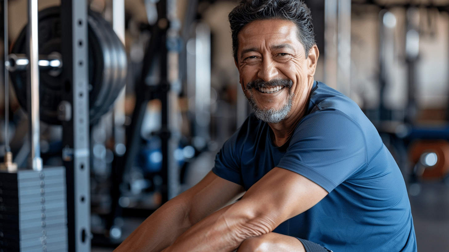 A man in his 50's flexing his muscles in the gym.