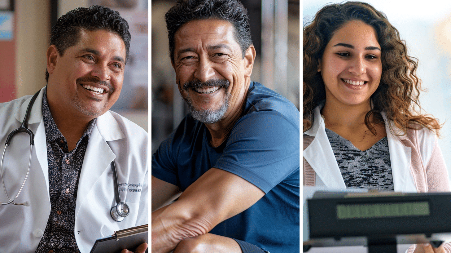 A smiling medical doctor, a man in his 50's in the gym, and a woman standing on a scale checking her weight loss progress.