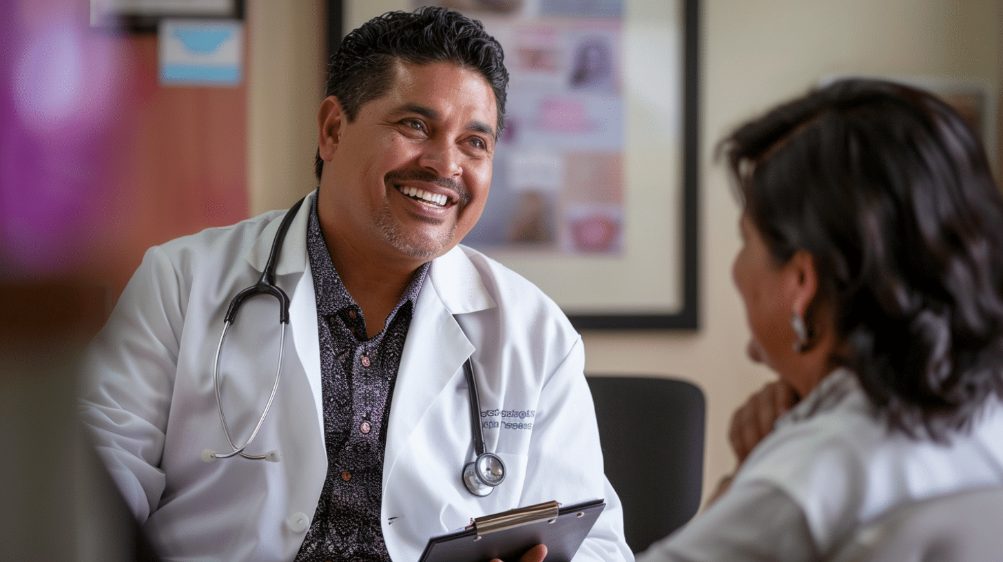 A smiling medical doctor engaged in a conversation with his patient.