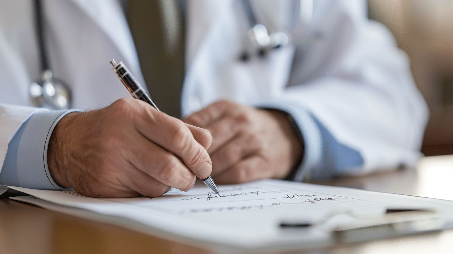 a medical doctor writing a prescription for a patient.