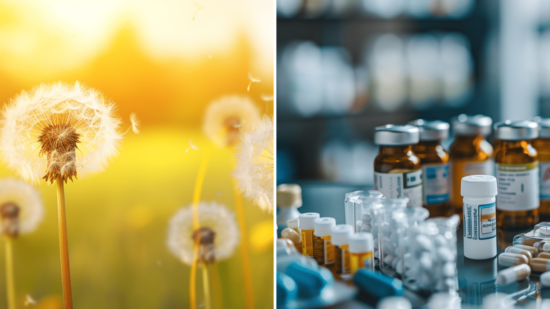 An image of dandelions in the field and an image of medications.