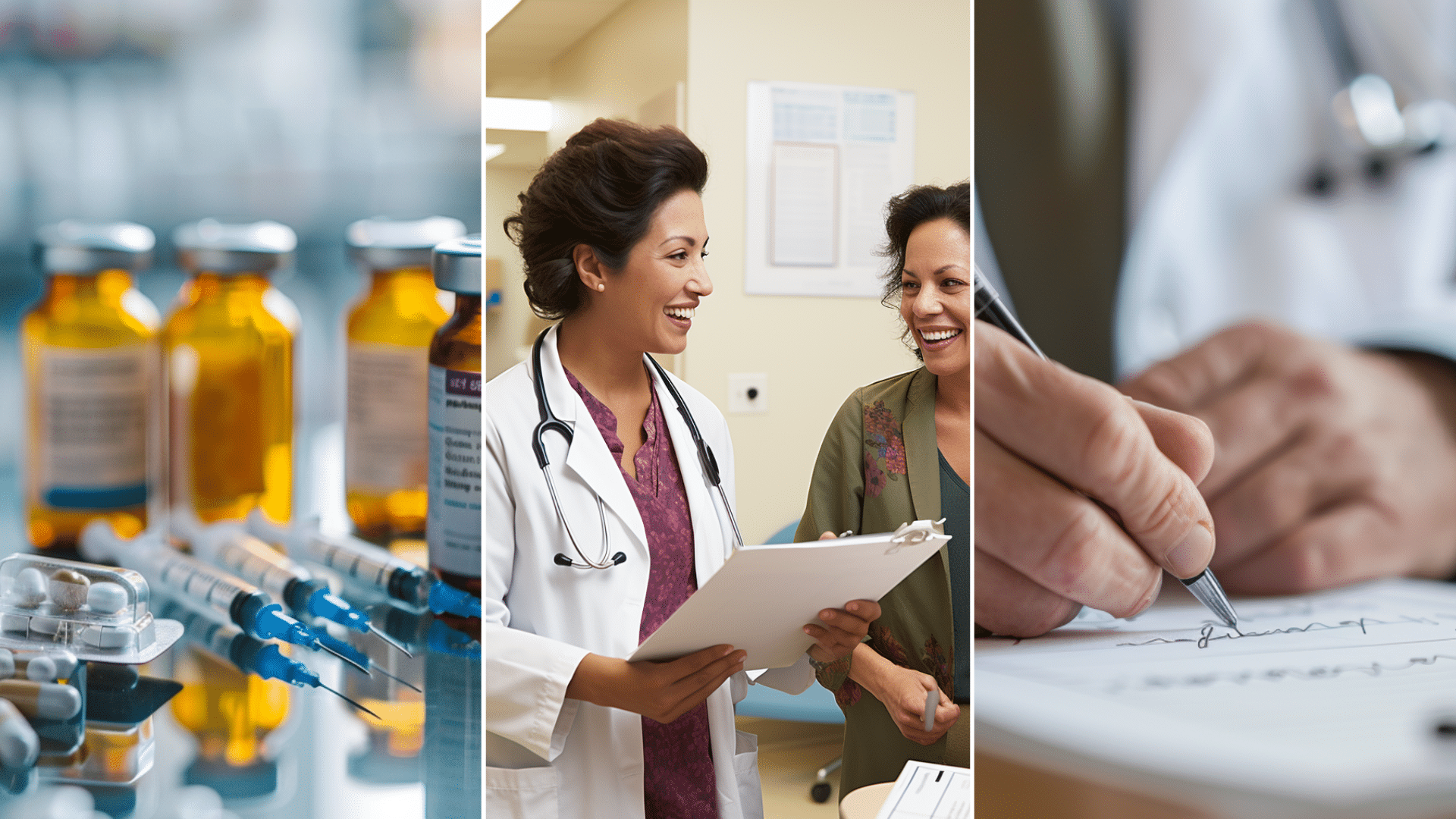 An image of medications, a medical doctor having a consultation, and a doctor writing a prescription.