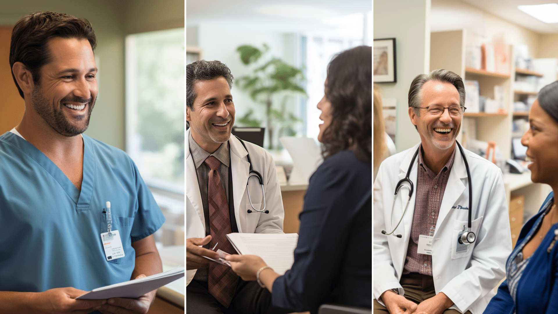 A smiling clinic staff, a medical doctor having a consultation with a patient, and a smiling doctor engaged in a conversation with his patient.