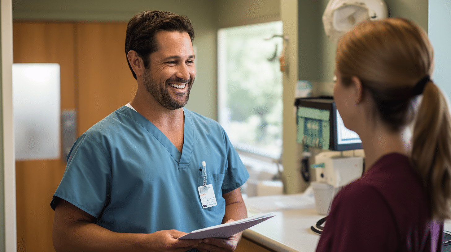 A clinic staff engaged in a conversation with a potential client.