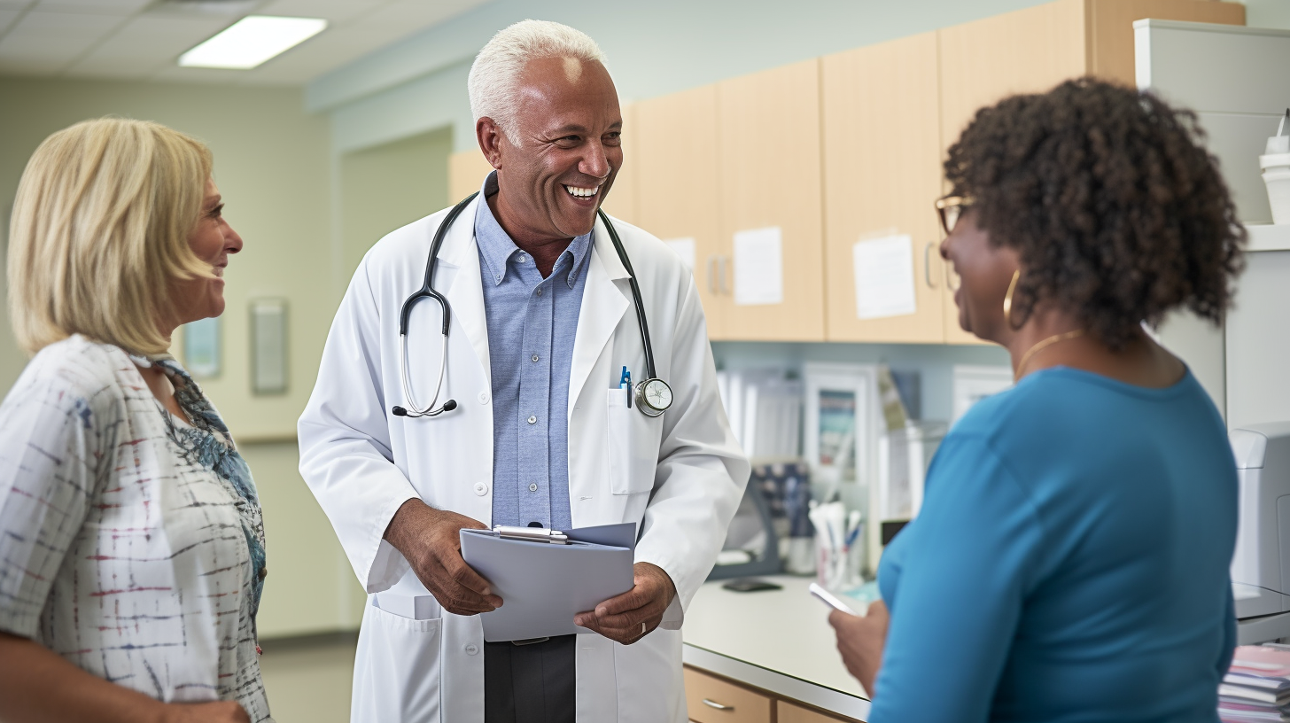 An image of a medical doctor engaged in a conversation with his patients in the clinic.