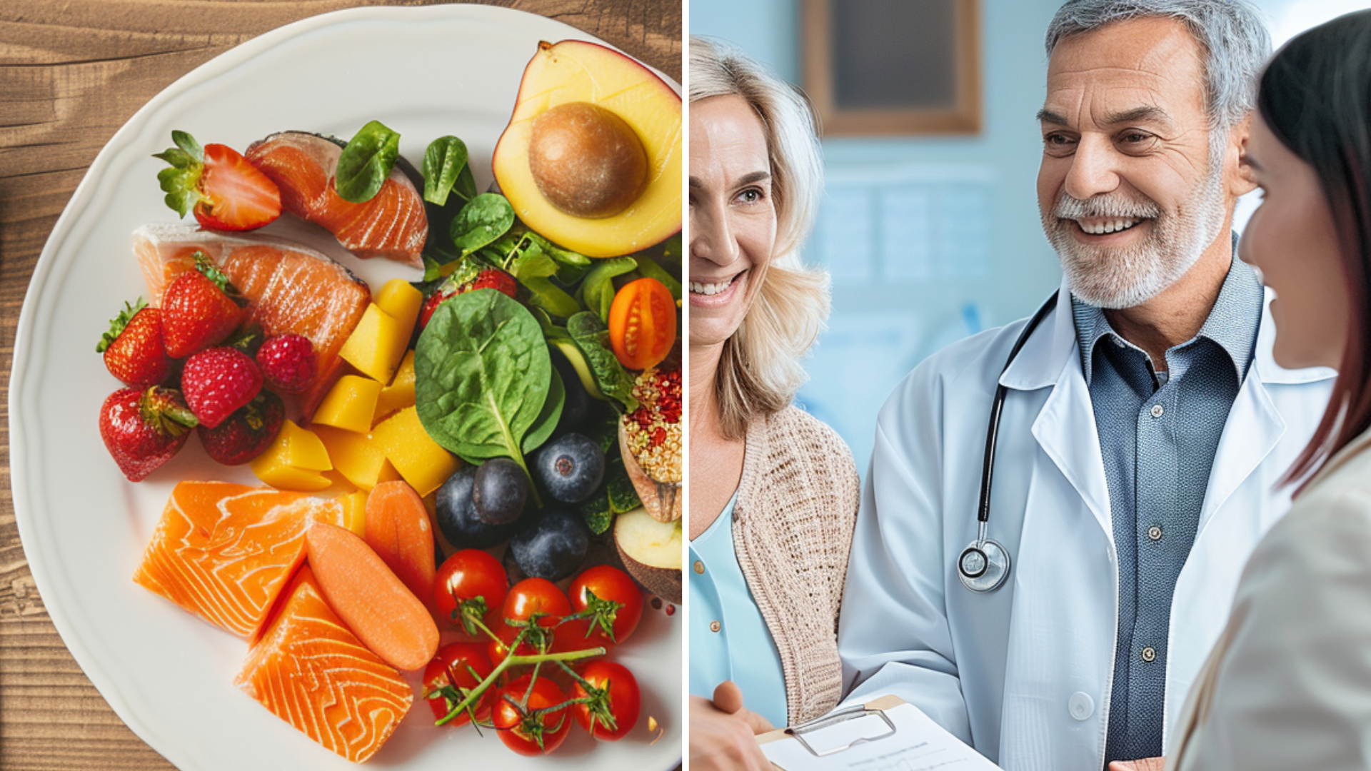 A plate of a healthy meal and a medical doctor engaged in a conversation with his patient and assistant.