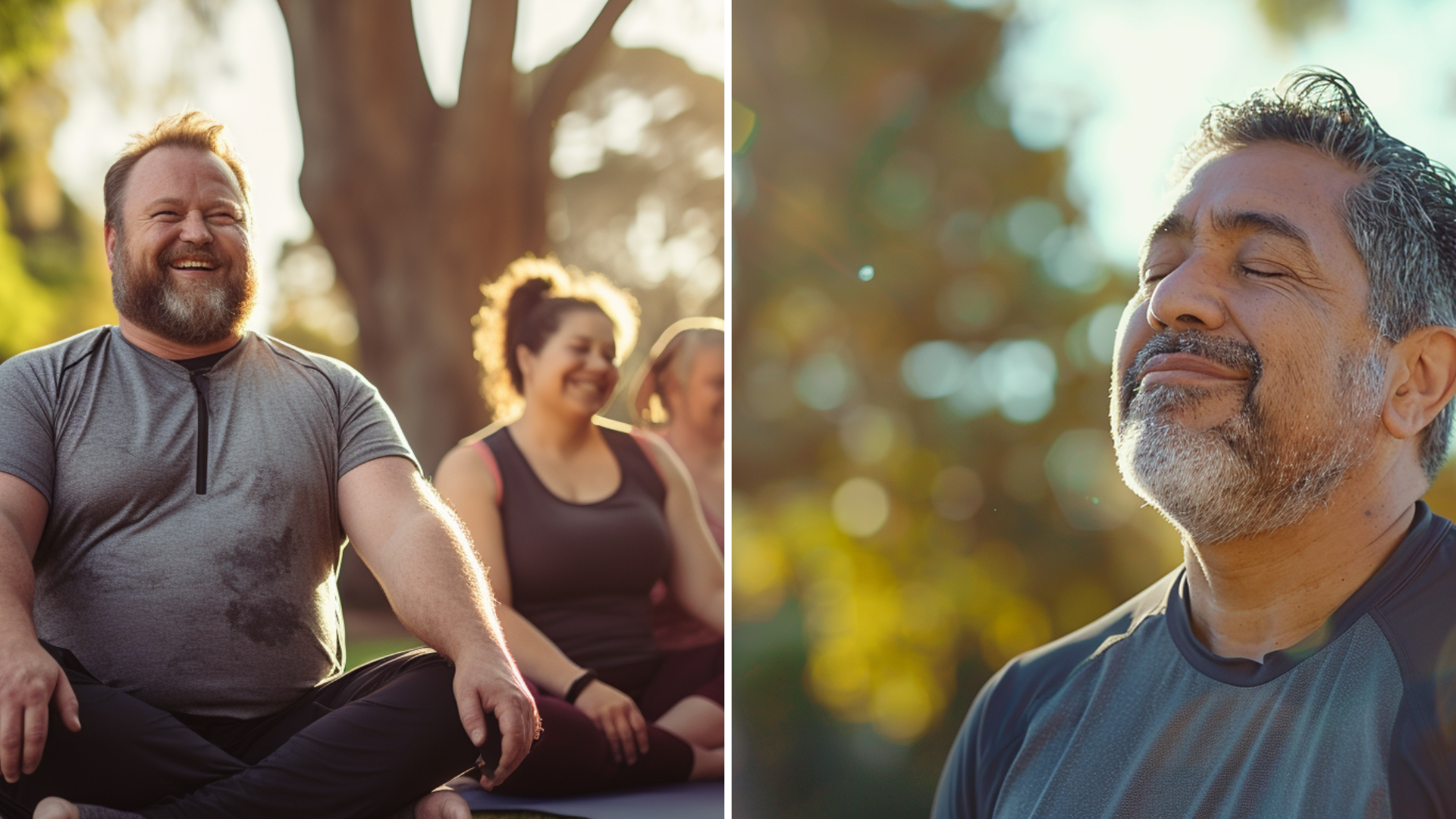 A group of slightly overweight people doing outdoor yoga and a a happy Hispanic man in his 50's.