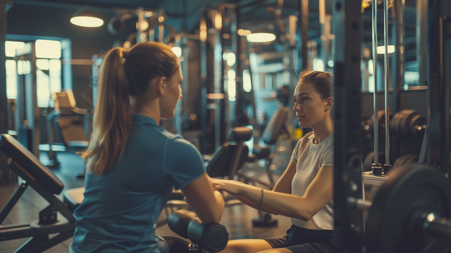 A woman doing fitness exercises in the gym with her fitness coach.