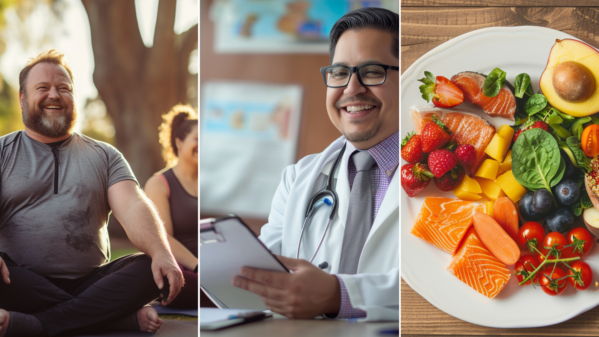 A group of slightly overweight people doing outdoor yoga, a smiling medical doctor, and a plate of a healthy meal.