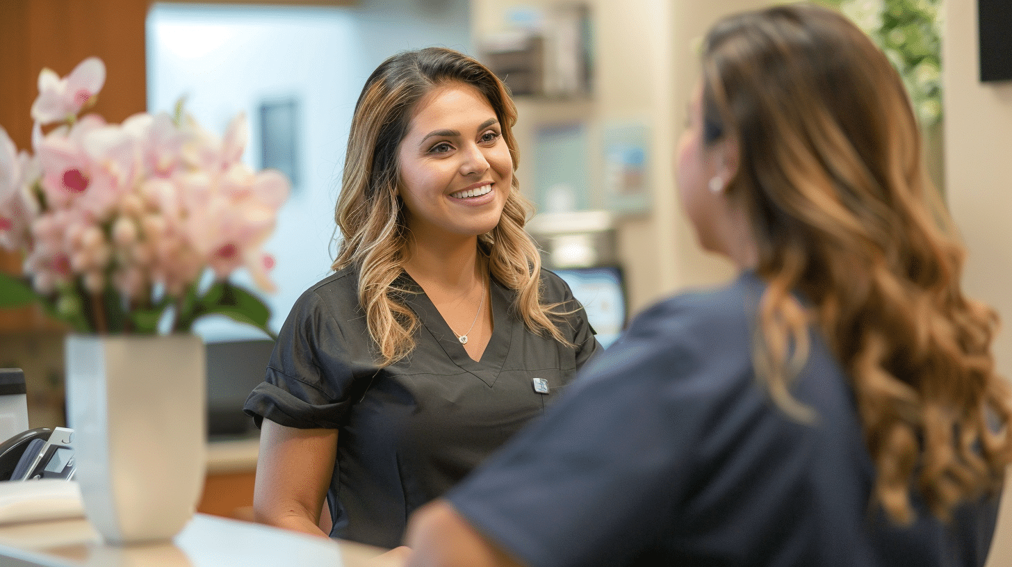 A clinic receptionist talking to a client about consultation fees.