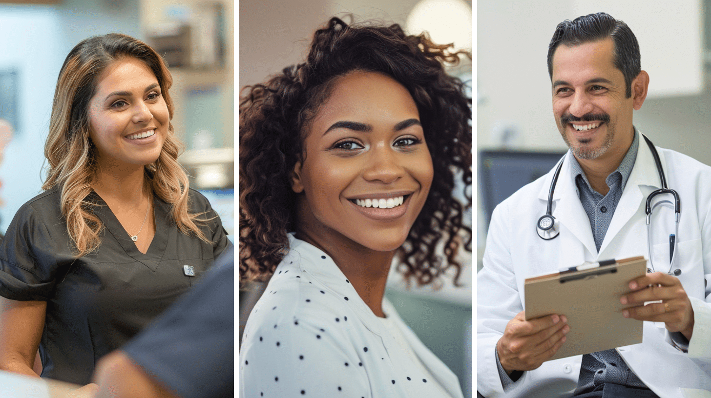 A smiling clinic receptionist, a smiling client and a smiling medical doctor.