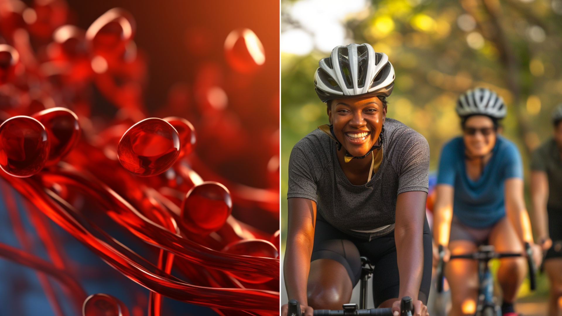 3D scientific rendering of glucose in the bloodstream and diverse group of friends riding on a bike.