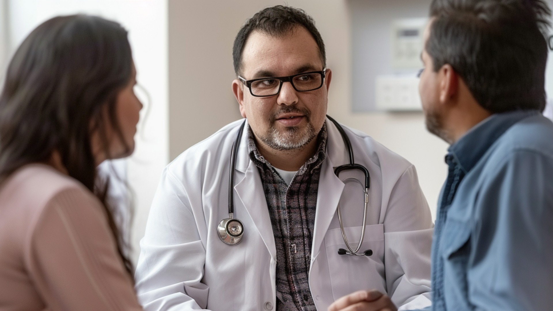 A doctor is talking with a couple of patients.