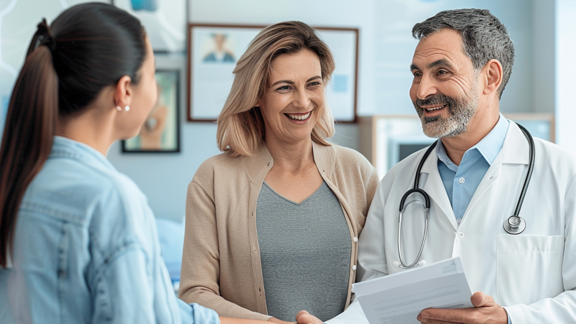 A married couple is talking with a doctor. The wife is shaking hands with the doctor while holding a piece of paper. They are about to leave a clinic.