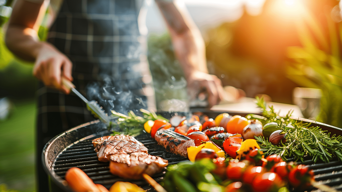 An image depicting a person grilling with natural, organic ingredients, eschewing processed meats. Showcase fresh vegetables and fruits being grilled alongside lean, organic meats on a clean grill.