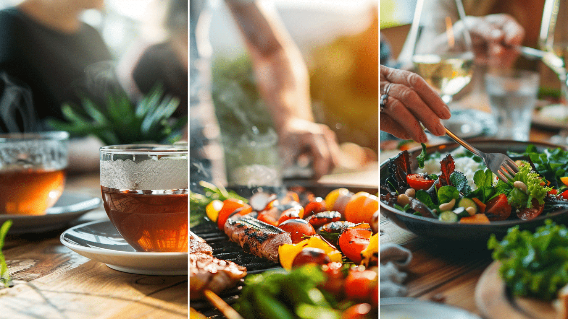 People sharing horsetail tea, a person grilling and people eating a healthy meal.