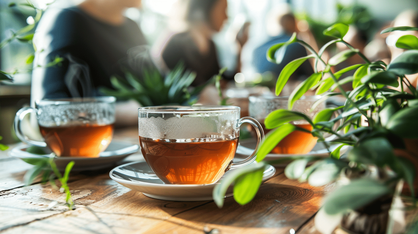 Team meeting collaboration in a relaxed atmosphere, where sharing horsetail tea enhances productivity.