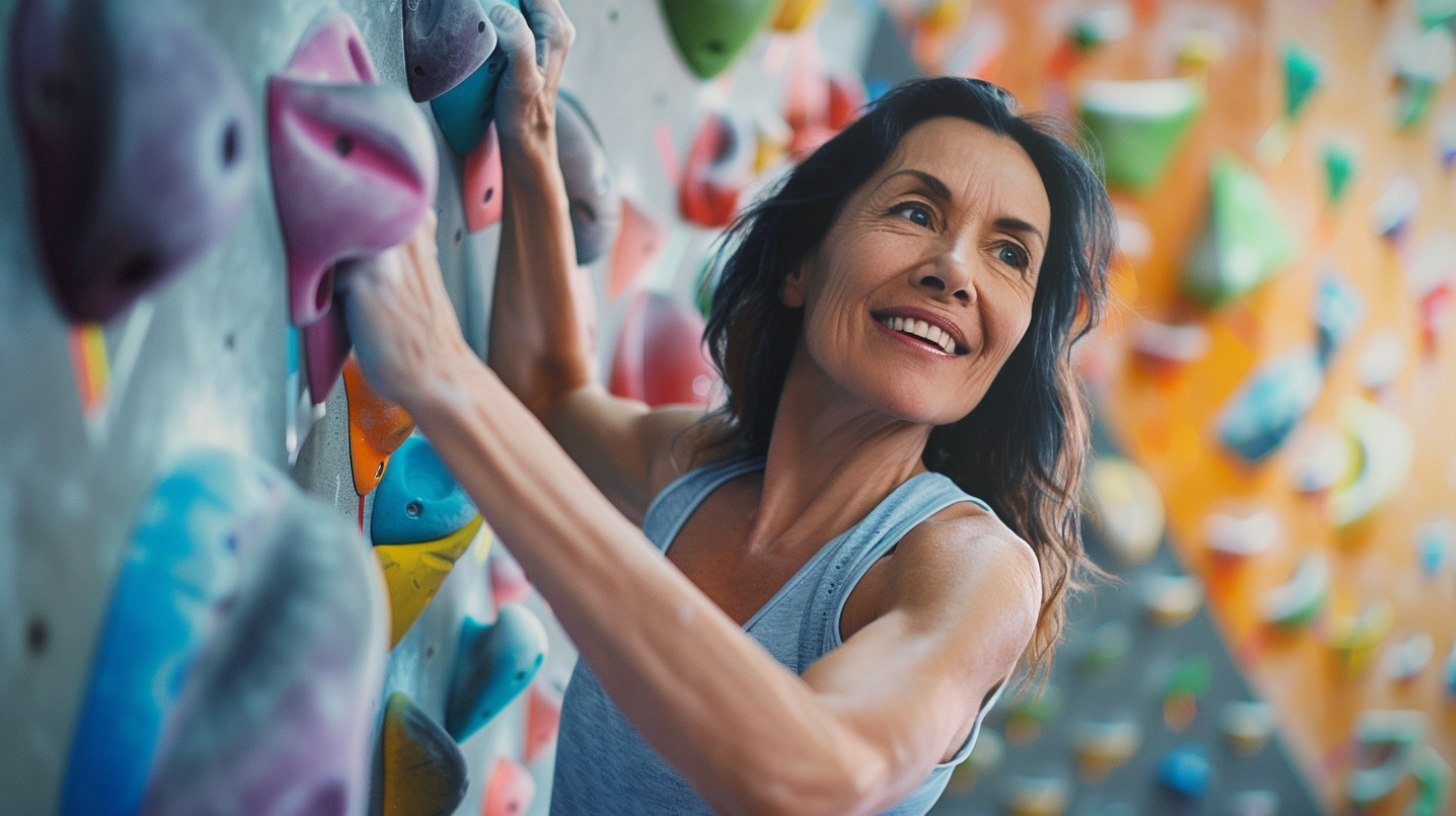 A Hispanic woman in her late 40s engaged in indoor wall-climbing activity.