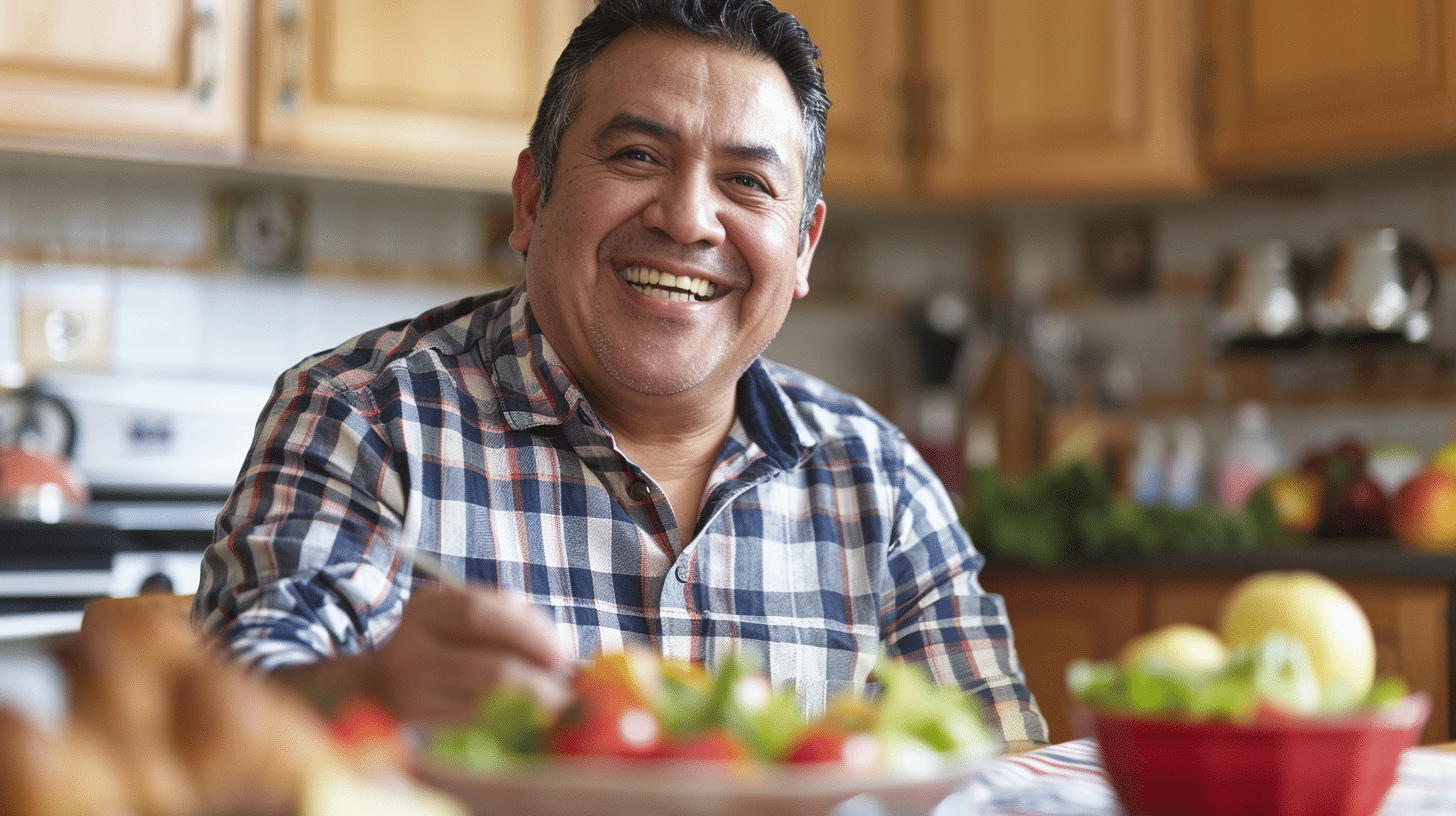 A Hispanic man in his 60's eating a healthy meal to reduce risks of hypertension.