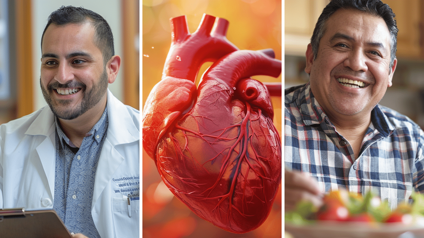 A healthcare professional, a 3D rendering of the human heart, and a Hispanic man in his 60's eating a healthy meal.