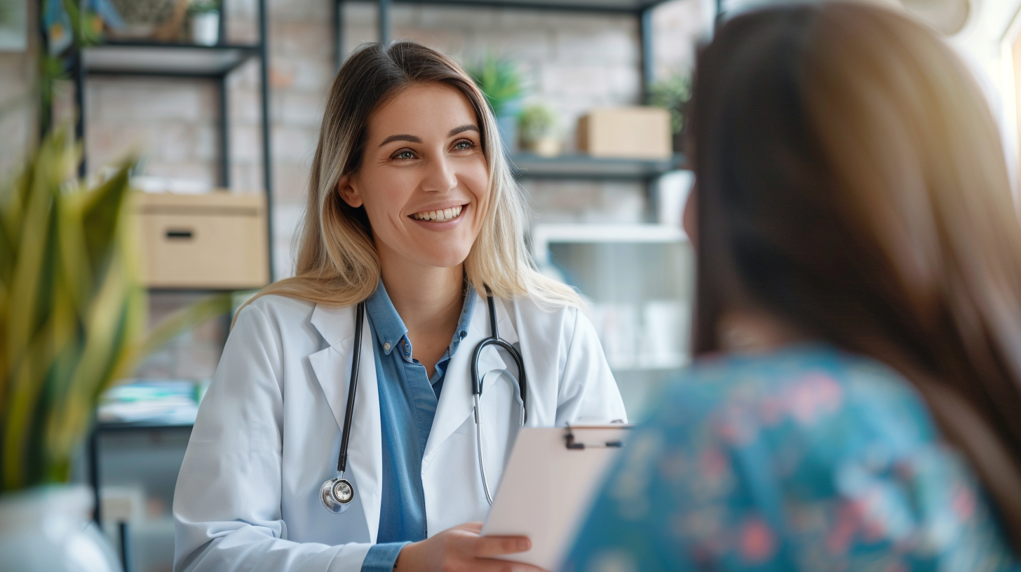 A woman doctor talking with patient.