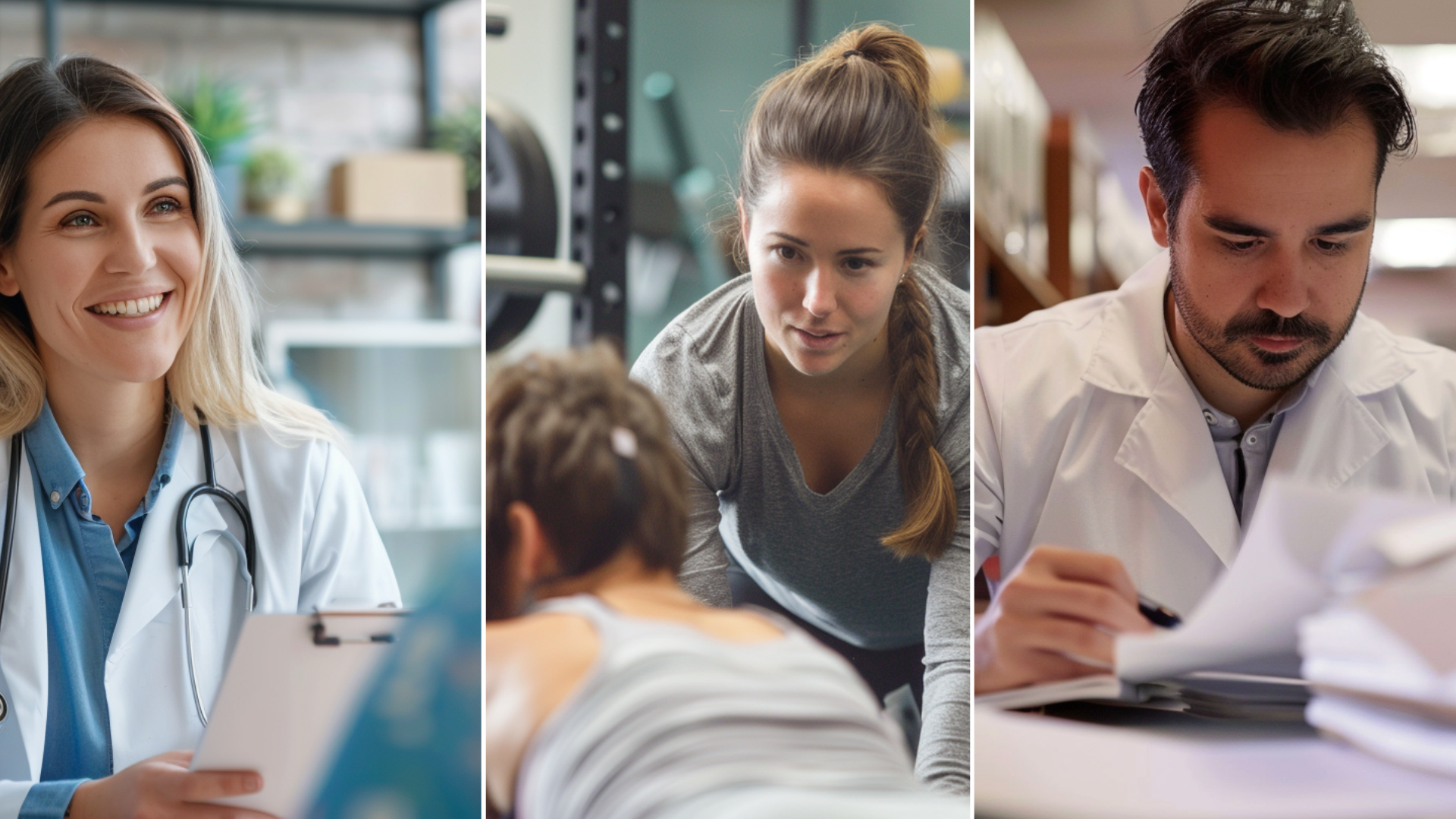 A consultation, a doctor reading medical records in a clinic, and women in a gym.