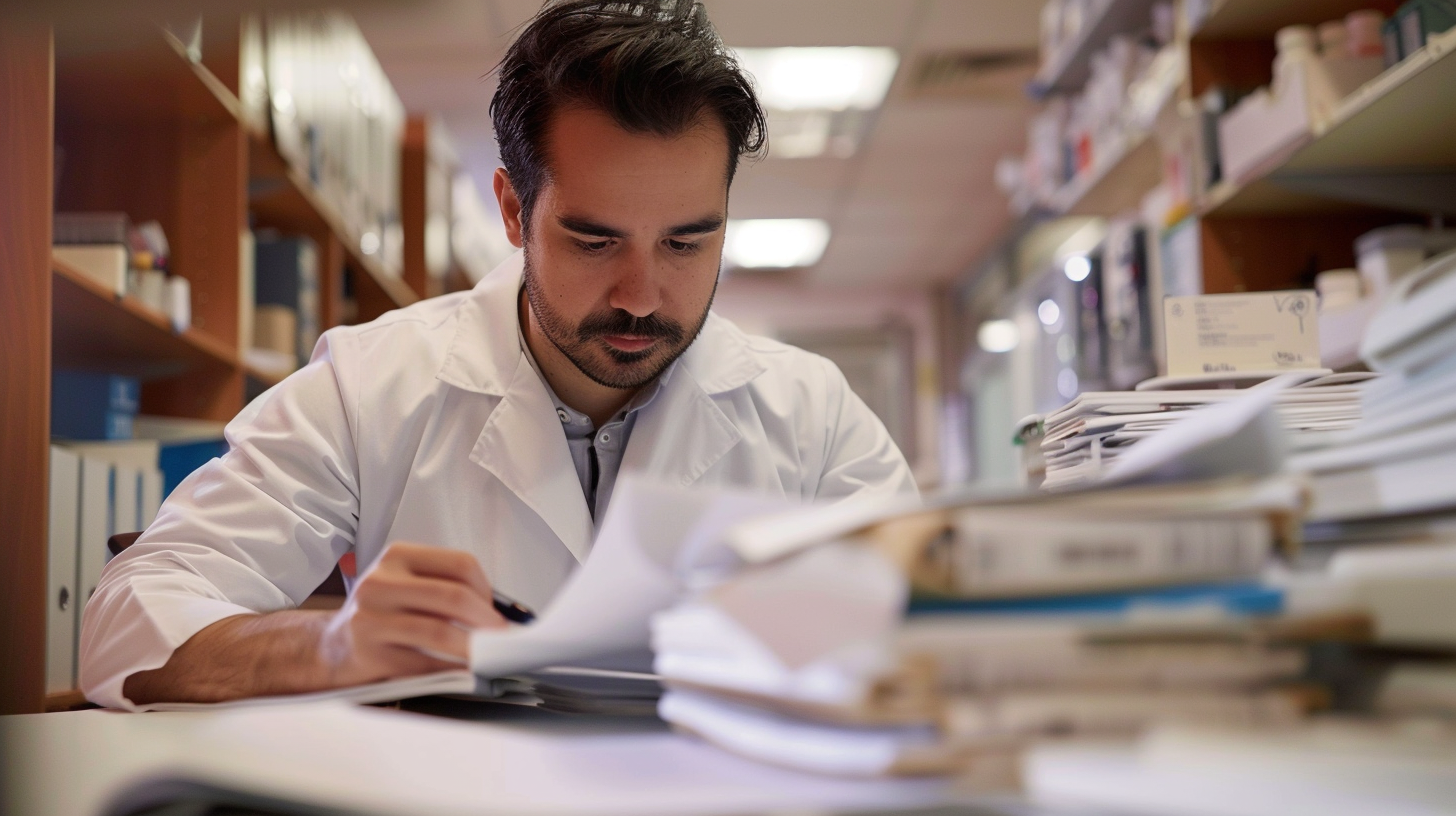 A doctor reading medical records in a clinic