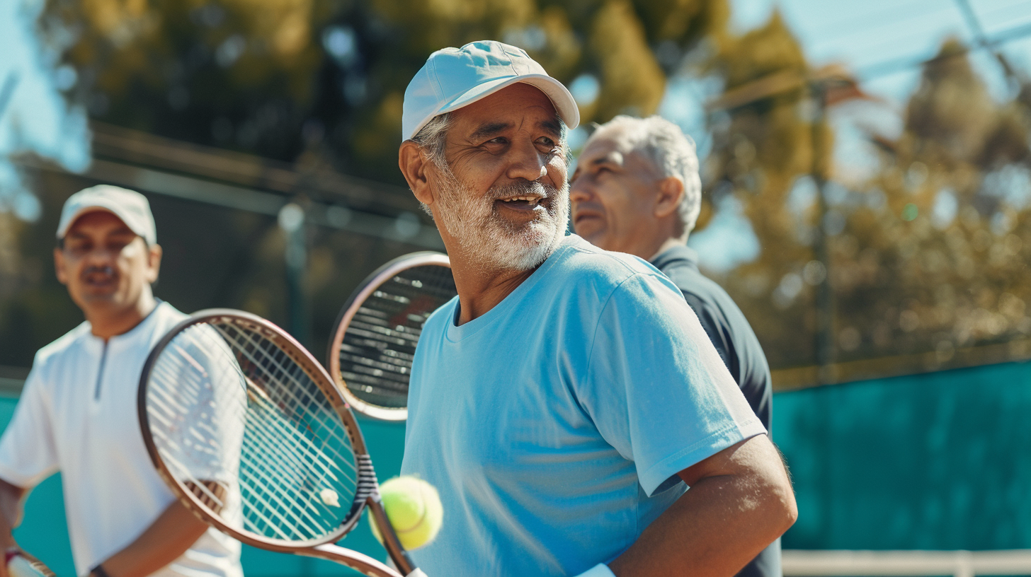 a group of Hispanic men playing tennis on the tennis court, wearing sportswear, and correct handling on the tennis rocket.