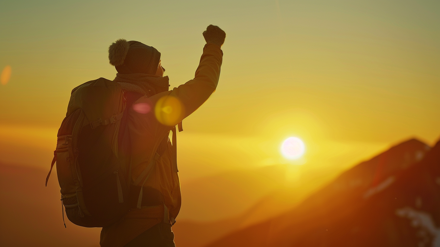 A mountaineer facing the sunset at the mountain, raising his fist in victory, his face displaying happiness and peace after reaching the summit.