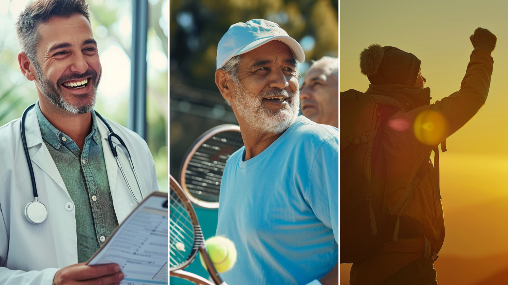 A doctor, group of diverse people playing tennis, and a mountaineer.