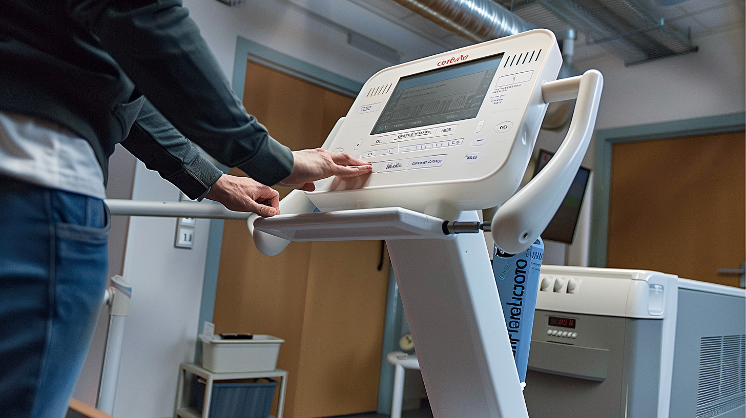 A man standing on a Bioelectrical impedance analysis machine in a clinic.