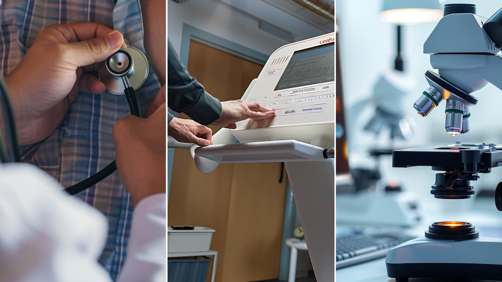 A doctor is using a stethoscope to examine a patient's chest in a clinic, a man standing on a Bioelectrical impedance analysis machine in a clinic, and an image of a microscope with an integrated camera that takes pictures of cell samples.