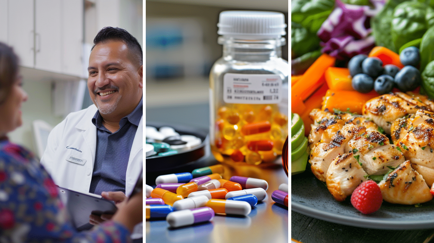 A smiling medical doctor, a medication, and a well-balanced meal.