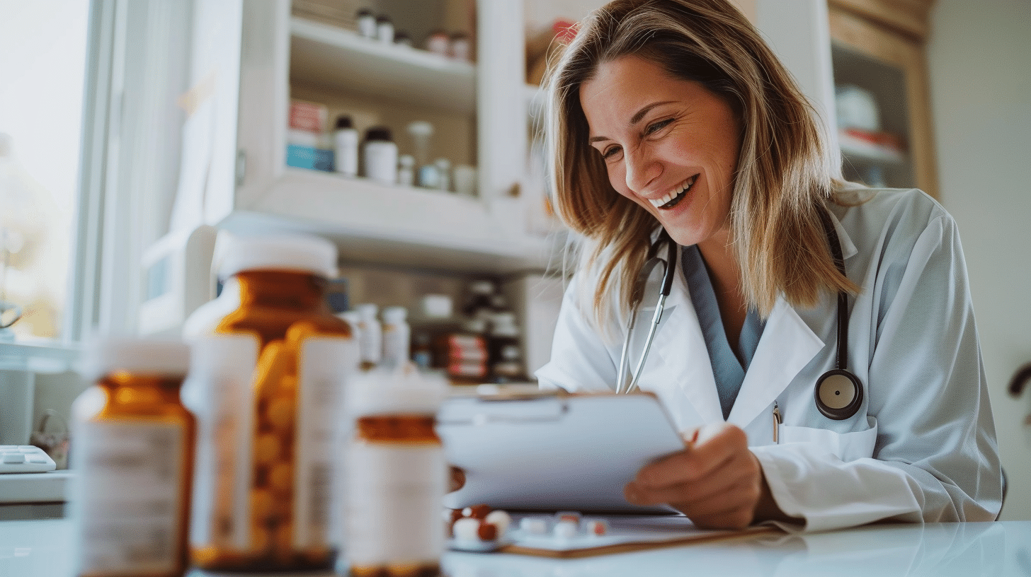 A medical doctor preparing a prescription medications for her patient.