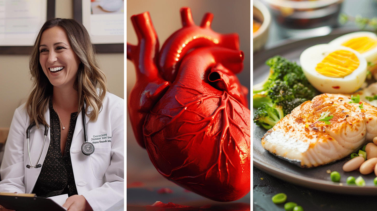 A medical doctor, a 3D rendering of a human heart, and a diet meal that helps with gastrointestinal issues.