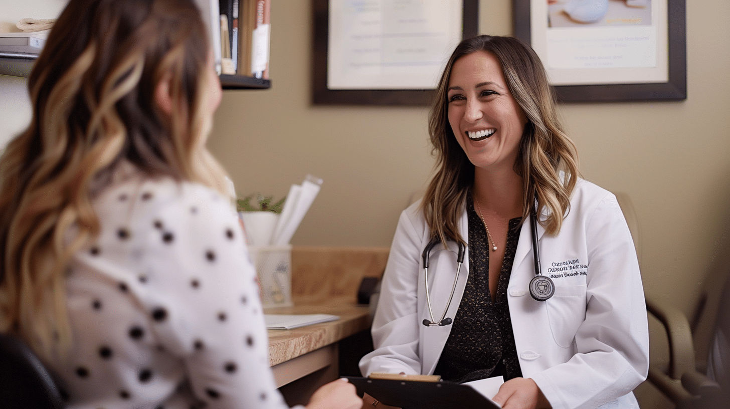 A smiling medical doctor engaged in a conversation with her patient.