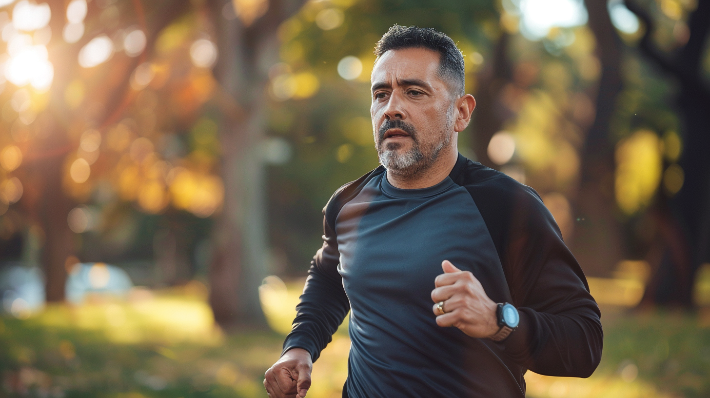 A Hispanic man in his mid 40s running outside.