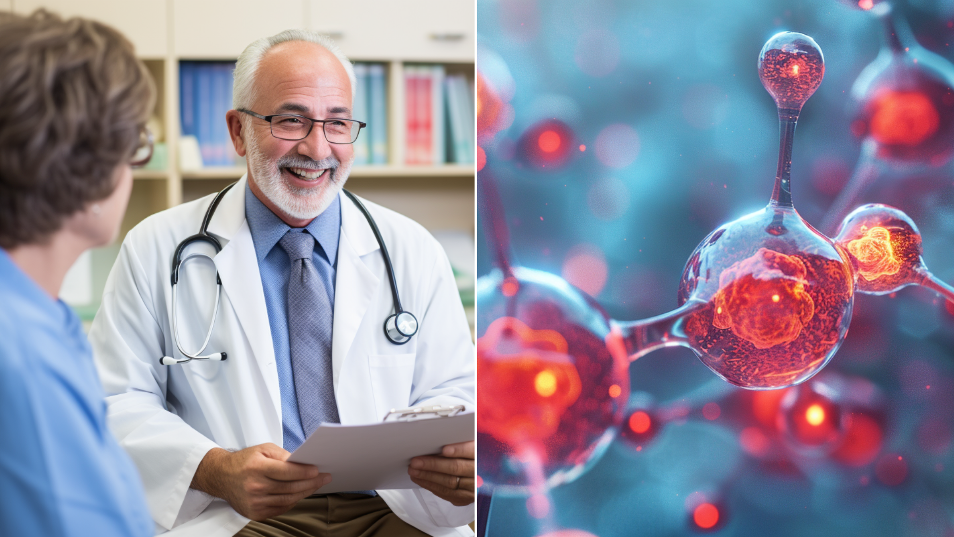 A medical doctor with his assistant and a 3D image of a metabolic hormone.