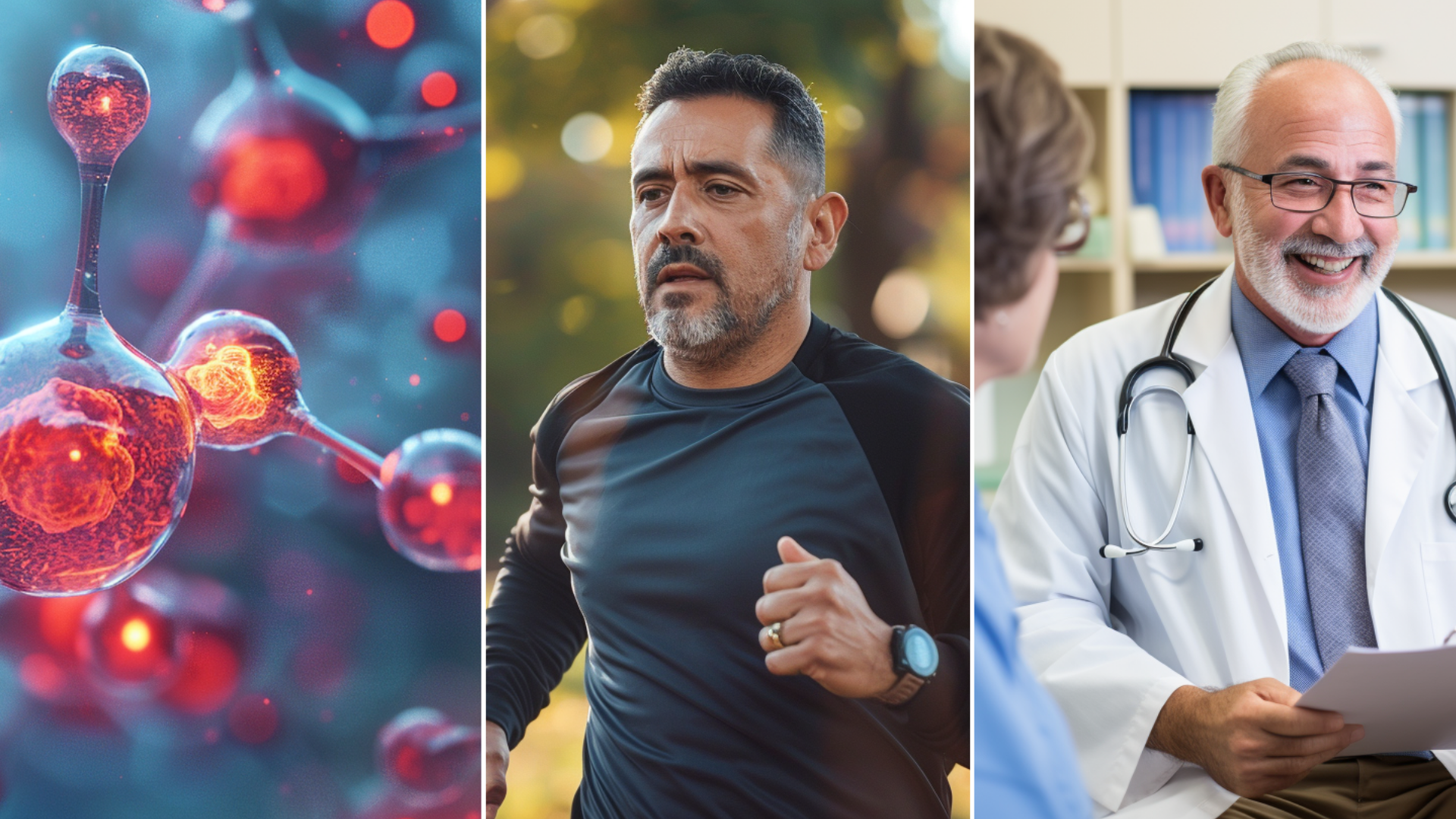 A 3D image of a metabolic hormone, a Hispanic man running outside, and a medical doctor.