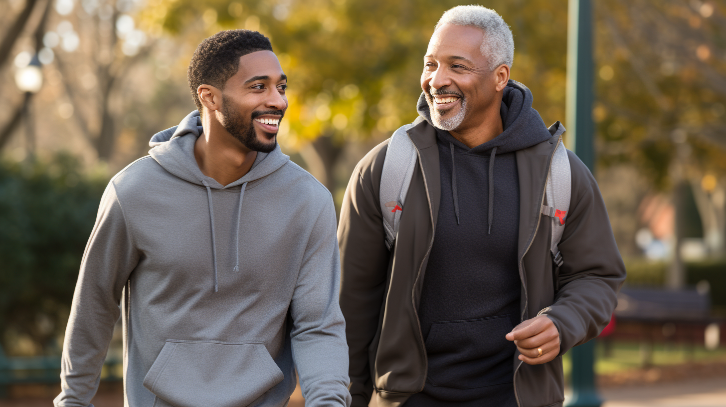 Two male friends engaged in a conversation outside in the park.