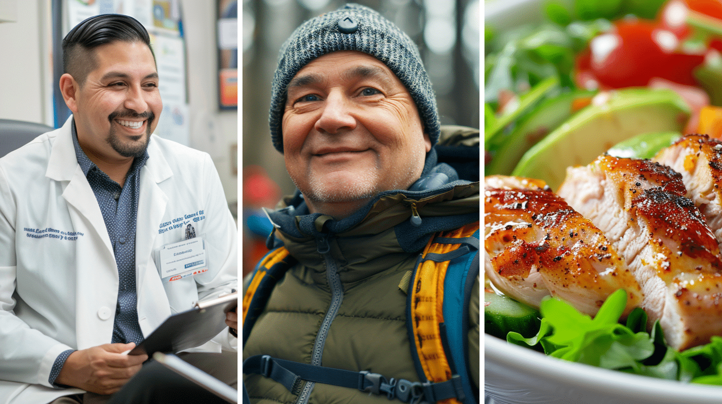 A smiling medical doctor, a man in his 50's wearing trekking outfit, and a healthy meal.