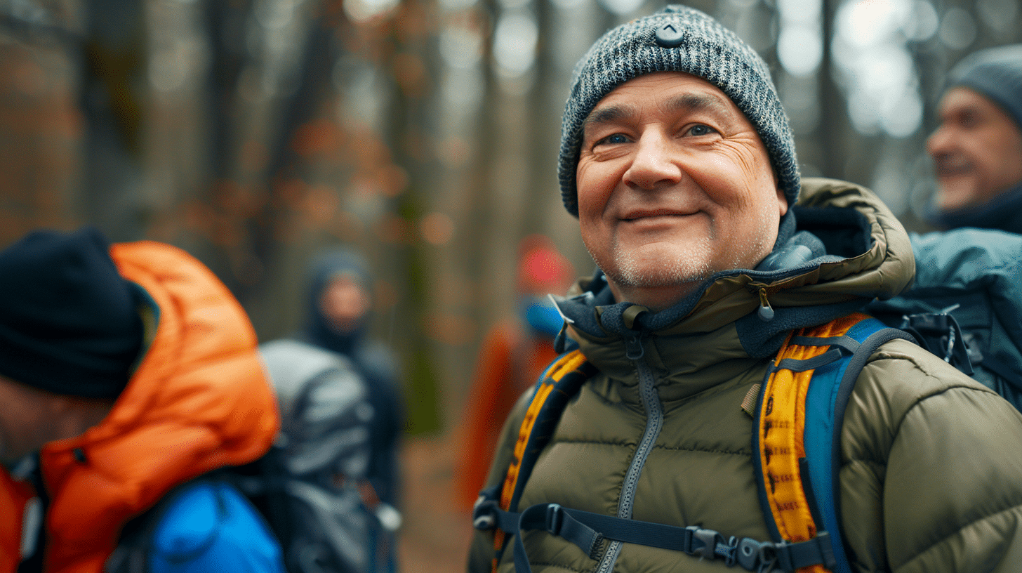 An image of a man in his 50's trekking with his friends in the woods.