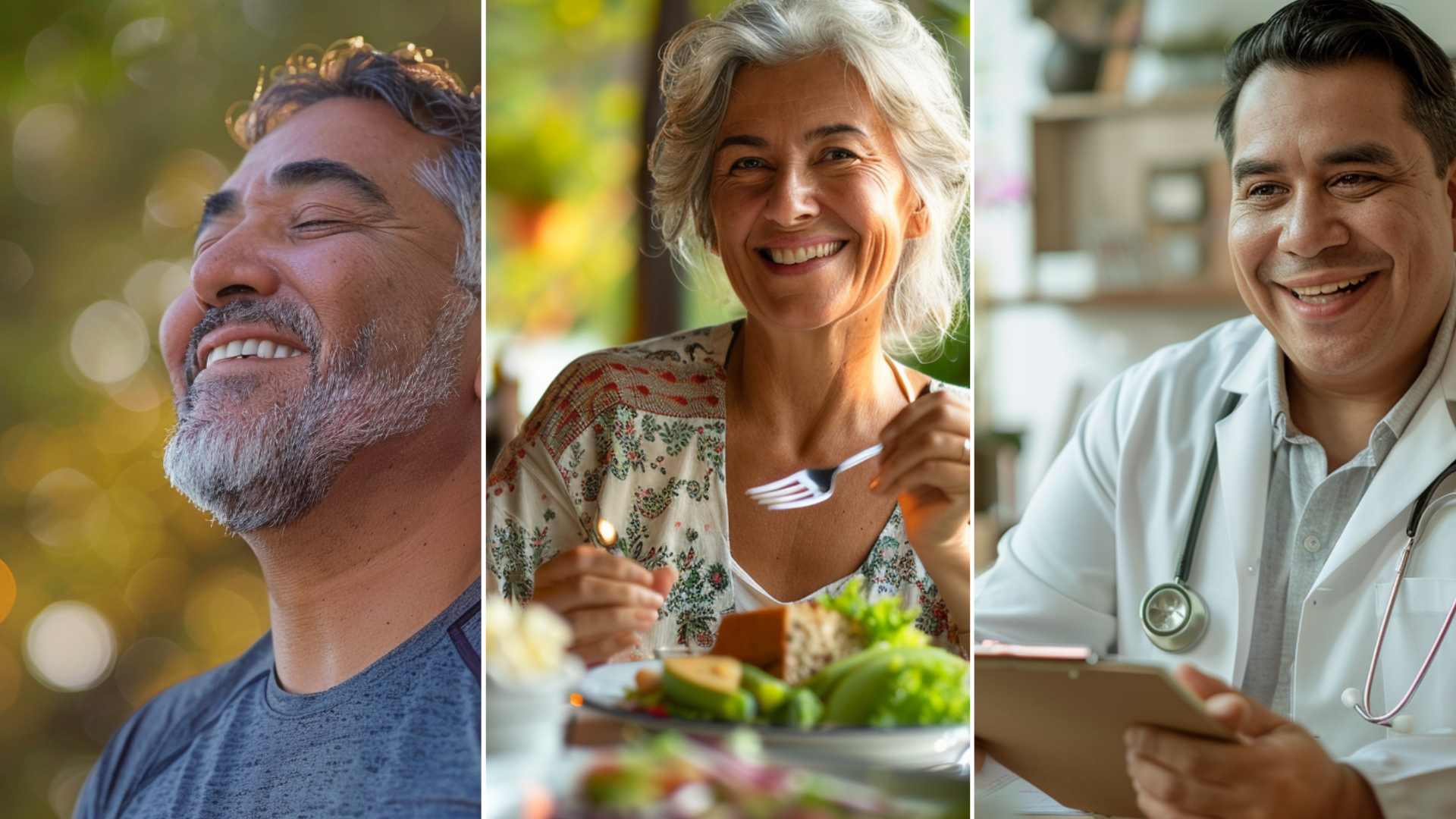 A man in his 60s taking a deep breath, a woman eating a healthy meal, and a medical doctor.