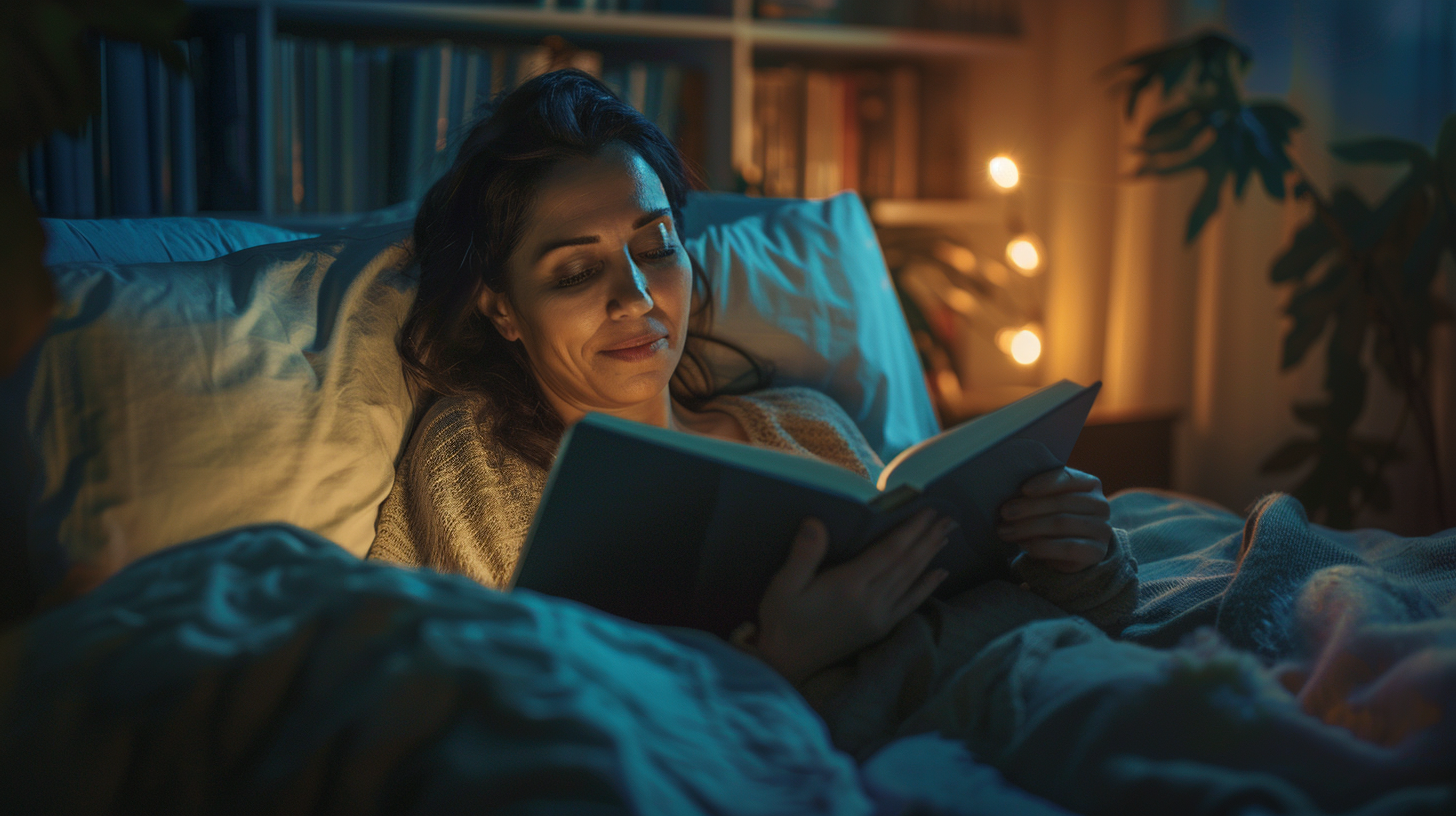 A woman reading a book before sleeping as means for relaxation.