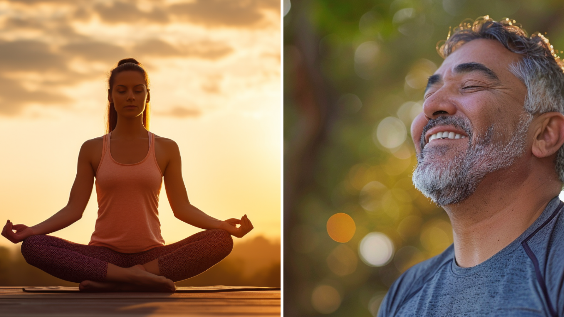 A woman doing meditation yoga and a man in his 60s taking a deep breath for relaxation.