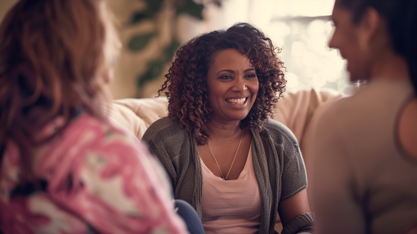 A smiling woman in her 40s engaged in a conversation with her friends.