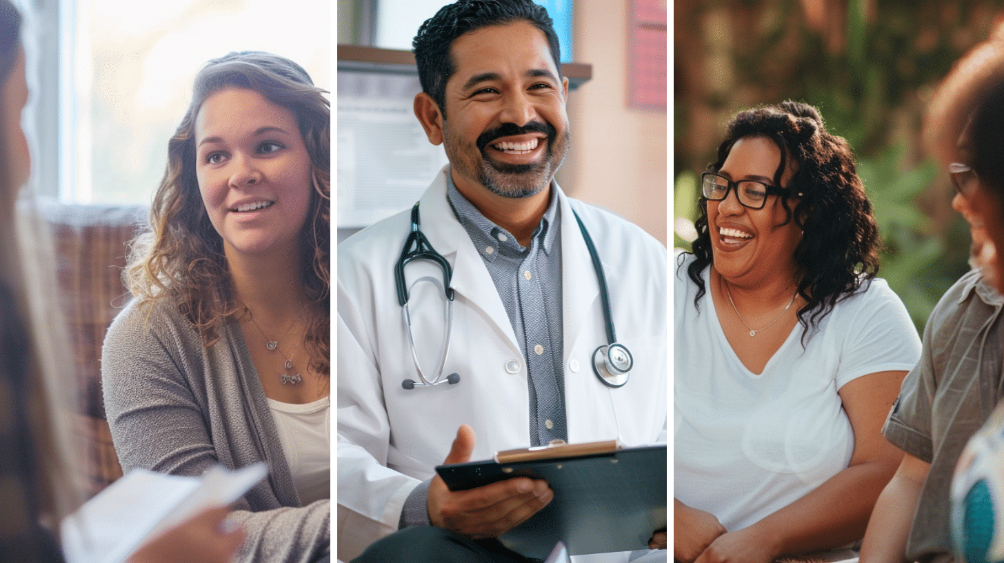 A woman engaged in a conversation, a smiling medical doctor, and a group of friends encouraging one another.