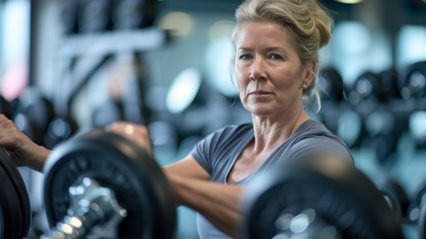 A woman in her 40s is lifting weights at the gym.
