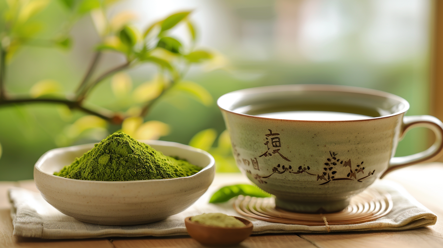An image of a green tea powder and freshly brewed green tea in a cup.