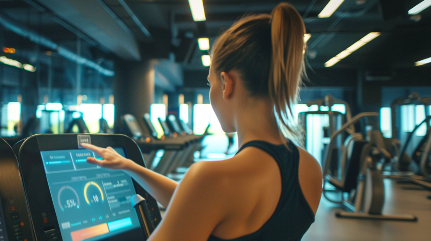 A female checking her fitness progress in the fitness program app in the gym.